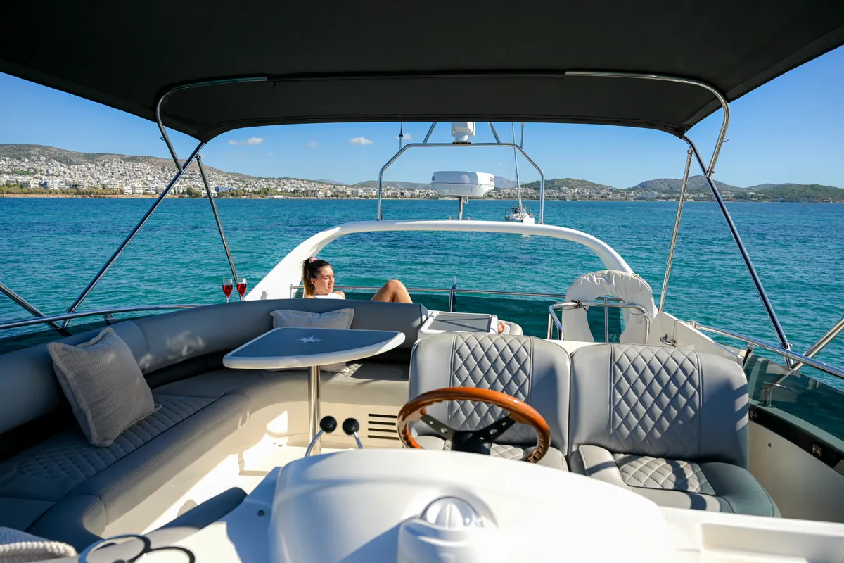 Cockpit of Carina, a Princess 45 motor yacht at Athens, Greece