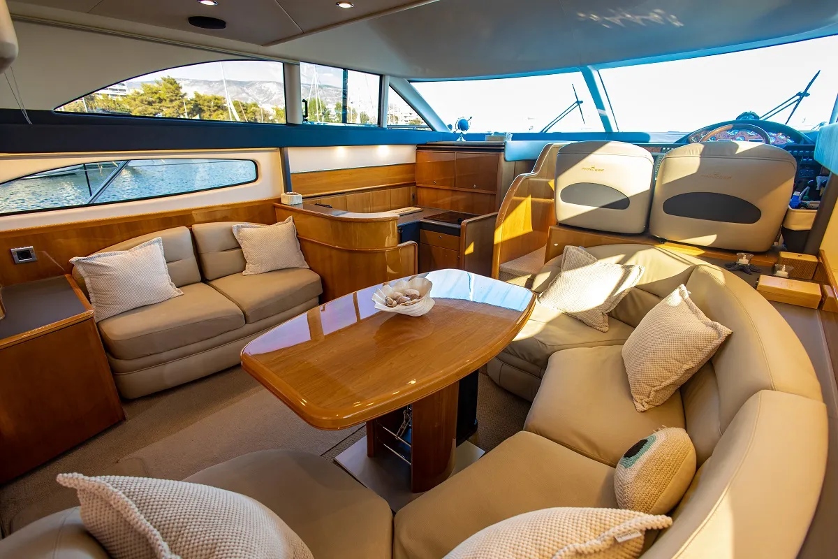 Salon of Carina, a Princess 45 motor yacht at Athens, Greece