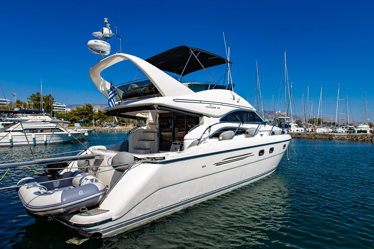 Exterior view of Carina, a Princess 45 motor yacht at Athens, Greece