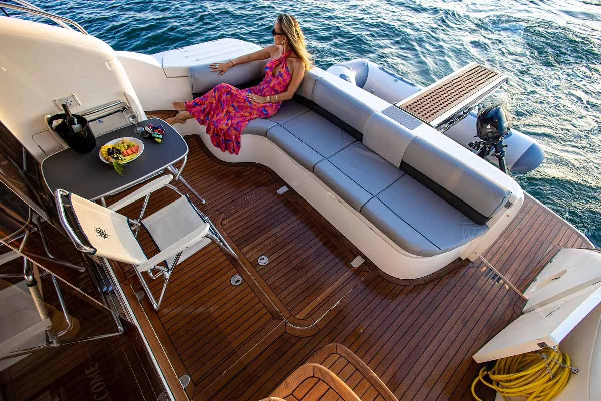 Deck of Carina, a Princess 45 motor yacht at Athens, Greece