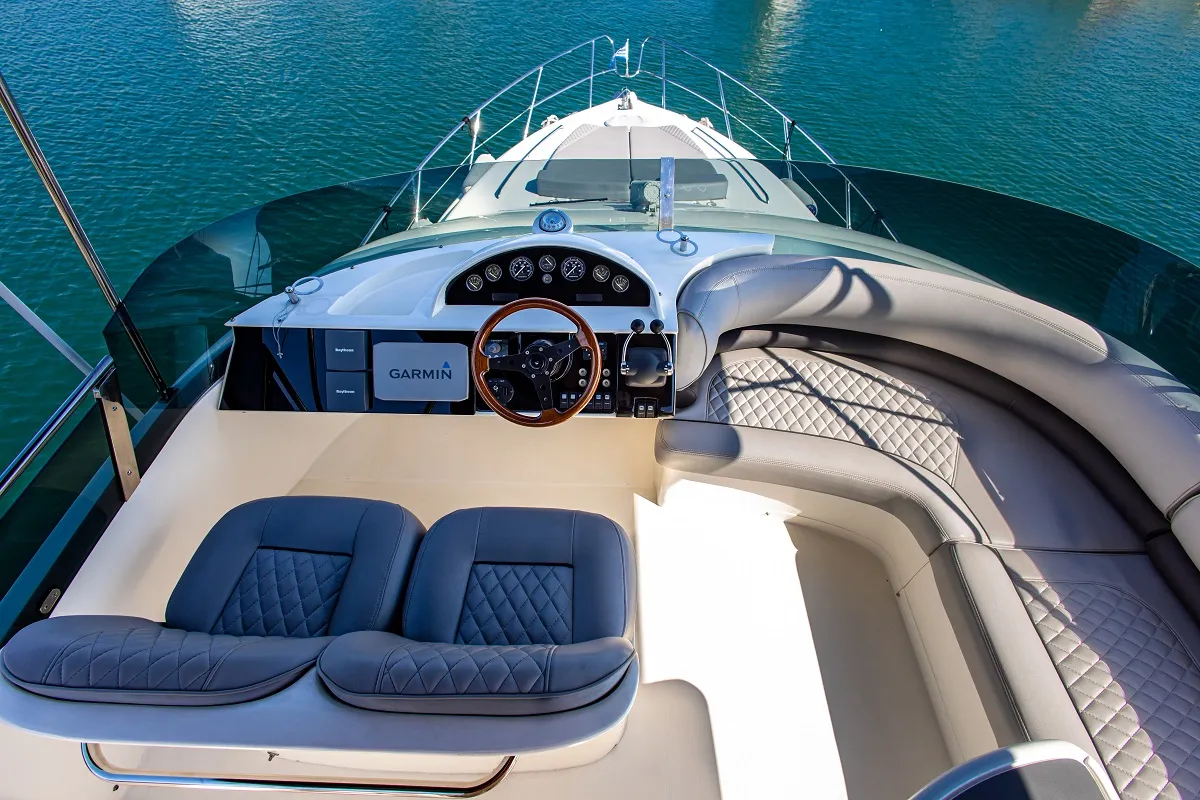Cockpit of Carina, a Princess 45 motor yacht at Athens, Greece