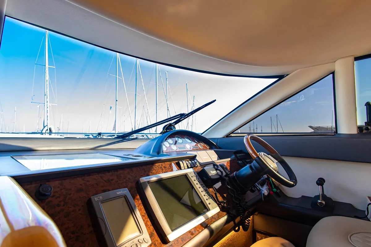 Cockpit of Carina, a Princess 45 motor yacht at Athens, Greece