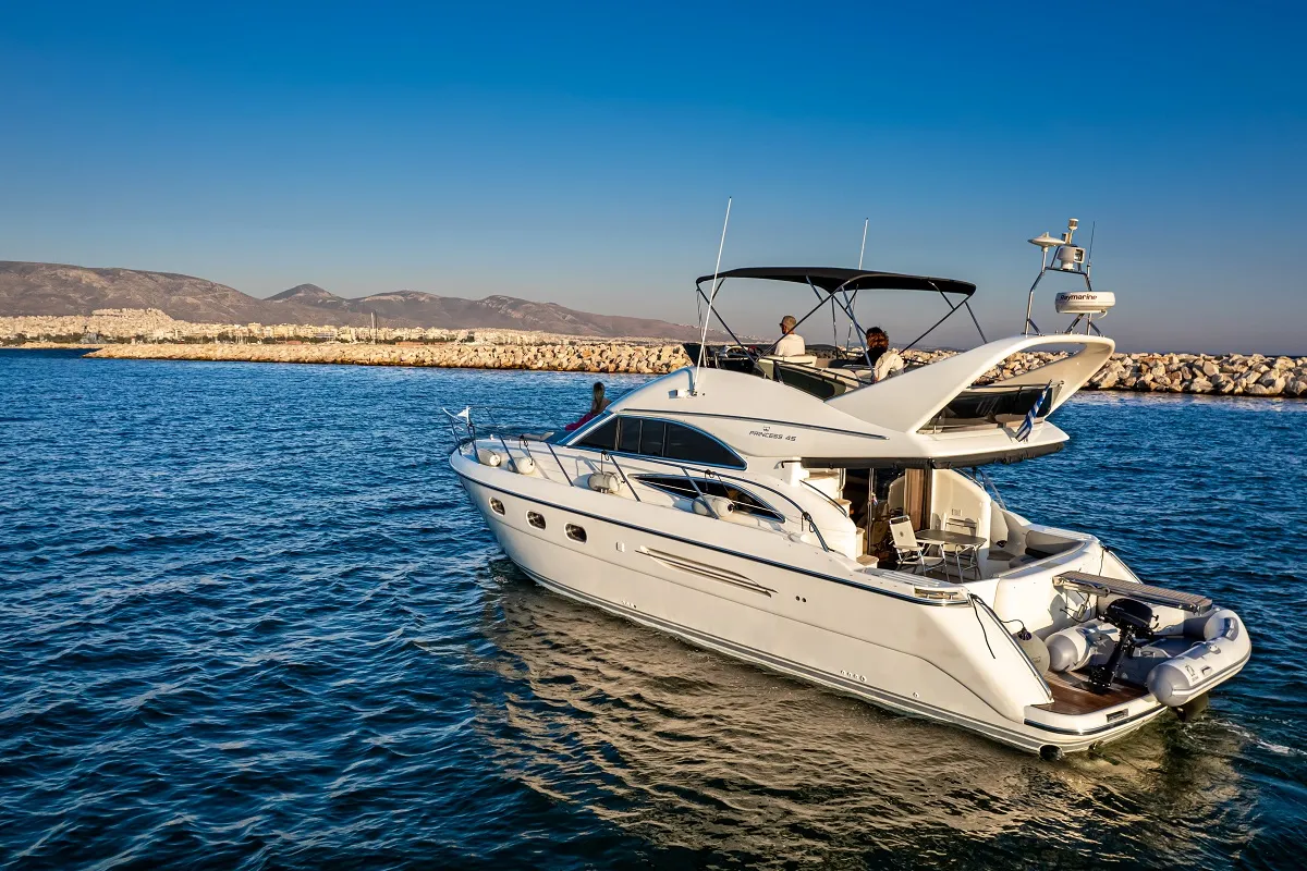 Exterior view of Carina, a Princess 45 motor yacht at Athens, Greece