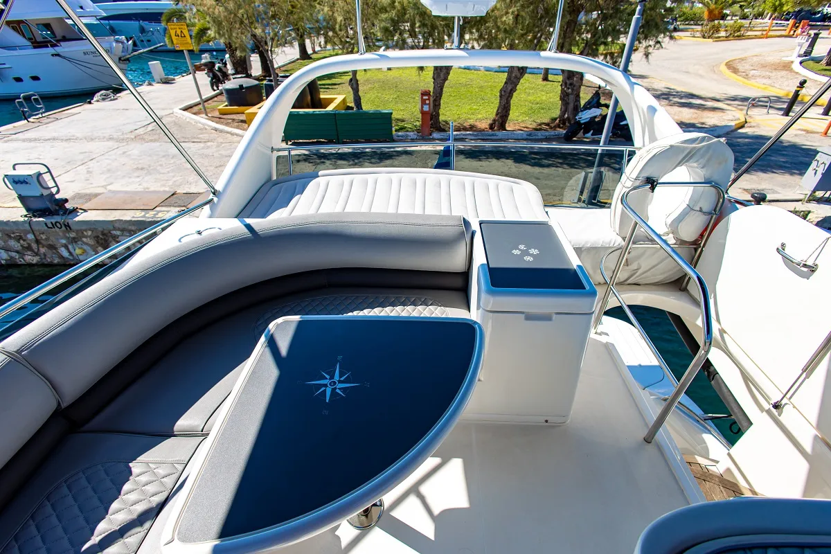 Deck of Carina, a Princess 45 motor yacht at Athens, Greece