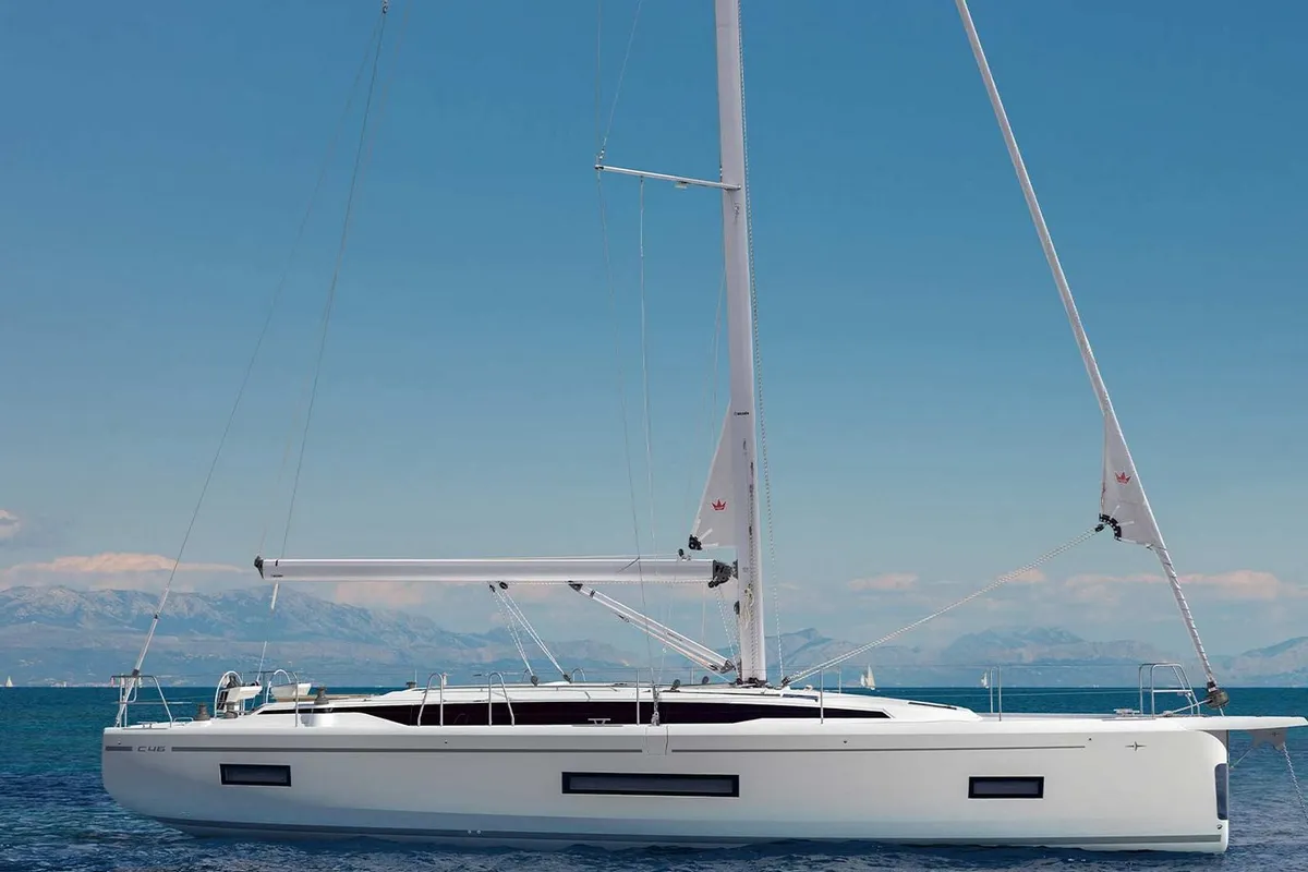 Exterior view of Felicia, a Bavaria C46 sailboat at Marmaris, Turkey