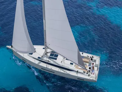 Exterior view of Felicia, a Bavaria C46 sailboat at Marmaris, Turkey