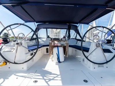 Cockpit of Oneiros - Comfort line, a Beneteau Oceanis 40.1 sailboat at Olbia, Italy