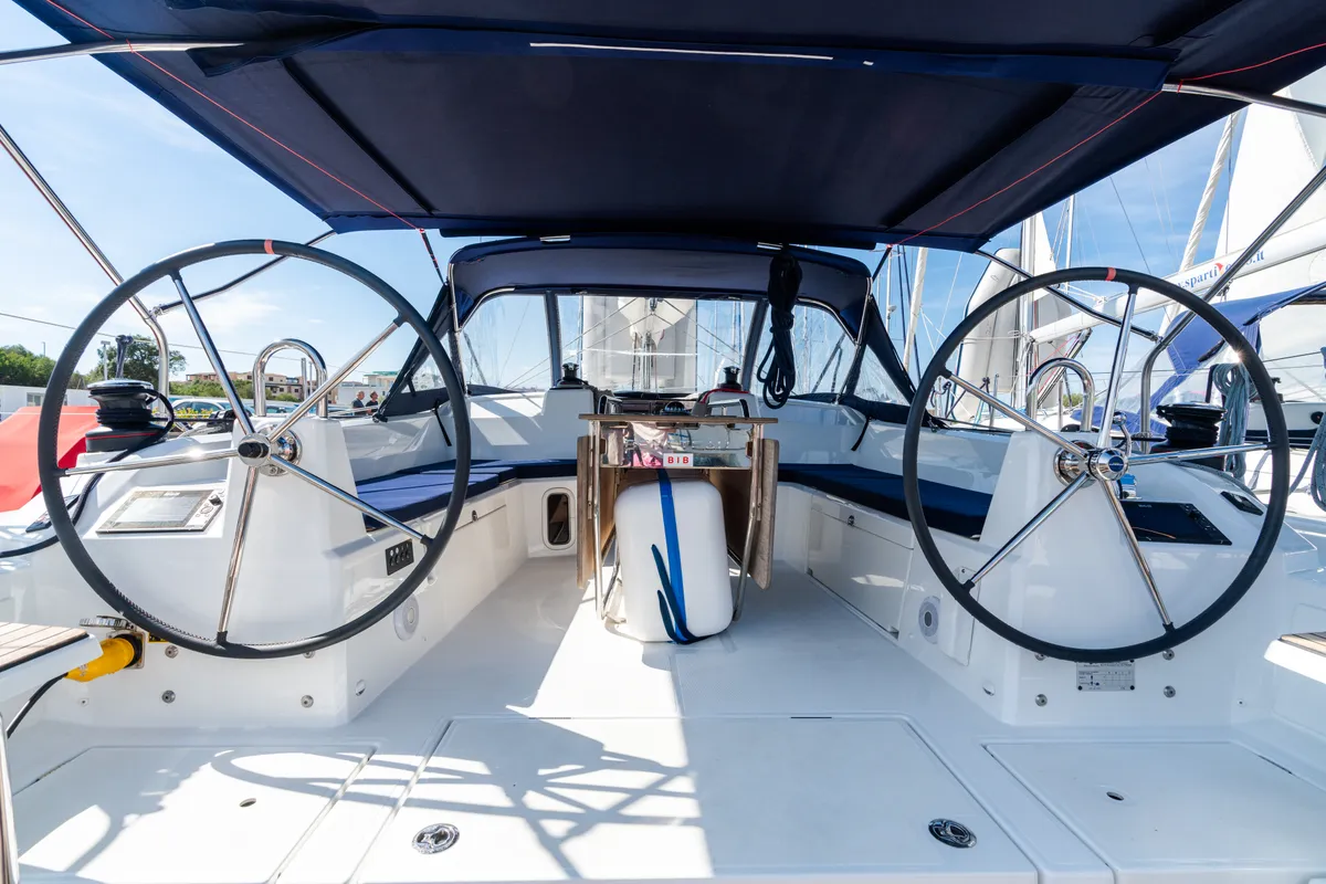 Cockpit of Oneiros - Comfort line, a Beneteau Oceanis 40.1 sailboat at Olbia, Italy