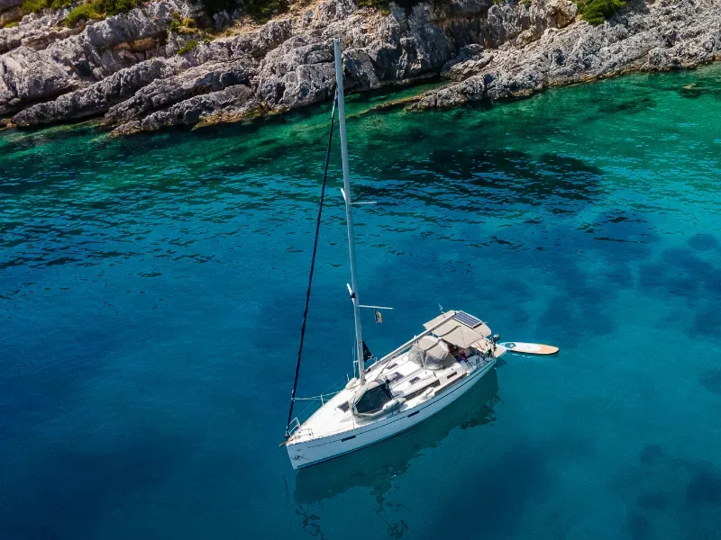 Exterior view of Oneiros, a Bavaria 37 sailboat at Pylaros, Greece