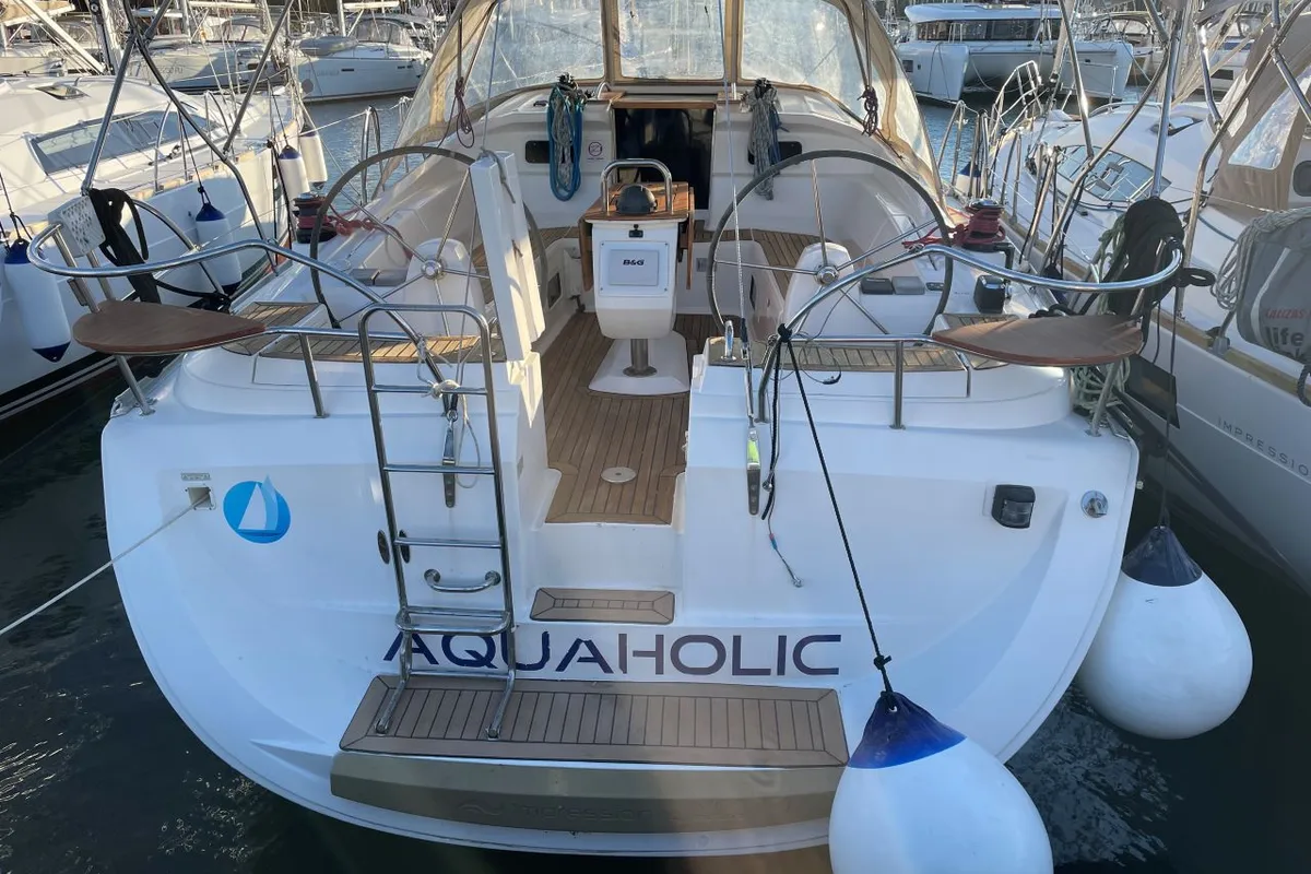 Deck of Aquaholic, a Elan 434 Impression sailboat at Grad Pula, Croatia