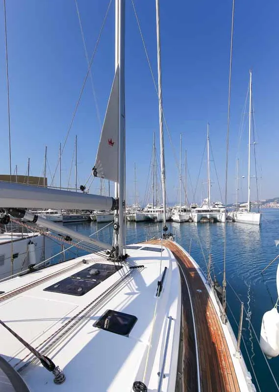 Deck of Challi, a Bavaria Cruiser 46 sailboat at Grad Pula, Croatia