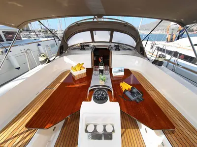 Deck of Challi, a Bavaria Cruiser 46 sailboat at Grad Pula, Croatia
