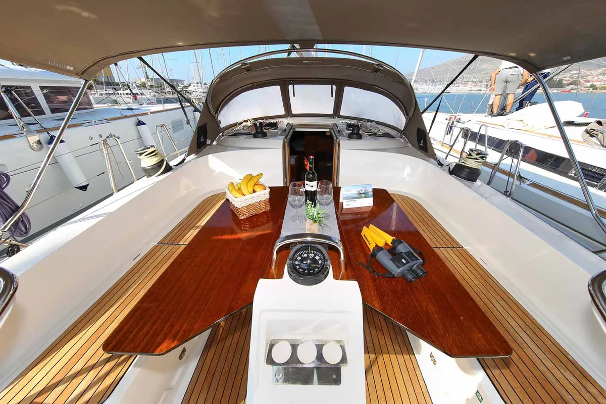 Deck of Challi, a Bavaria Cruiser 46 sailboat at Grad Pula, Croatia