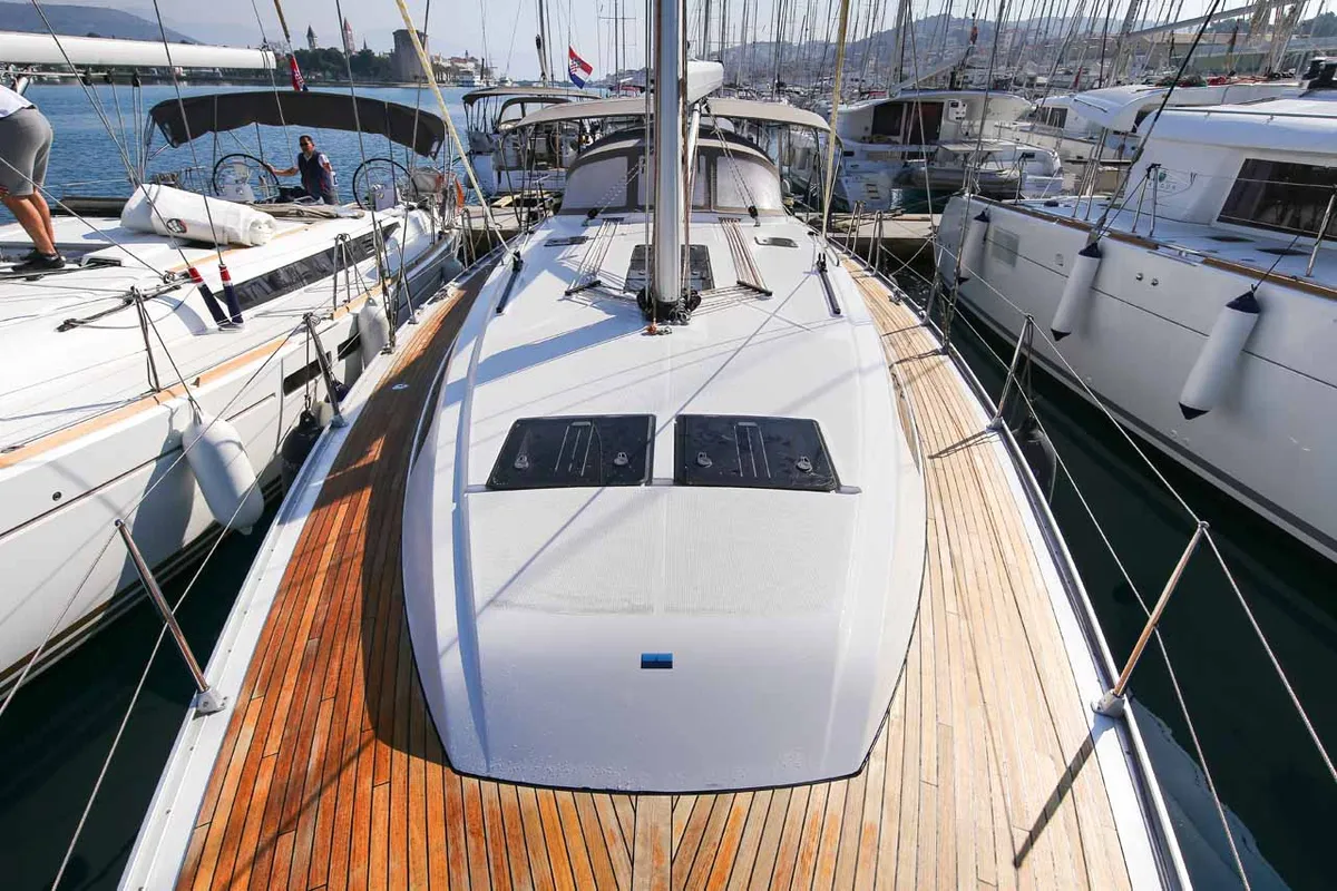 Deck of Challi, a Bavaria Cruiser 46 sailboat at Grad Pula, Croatia