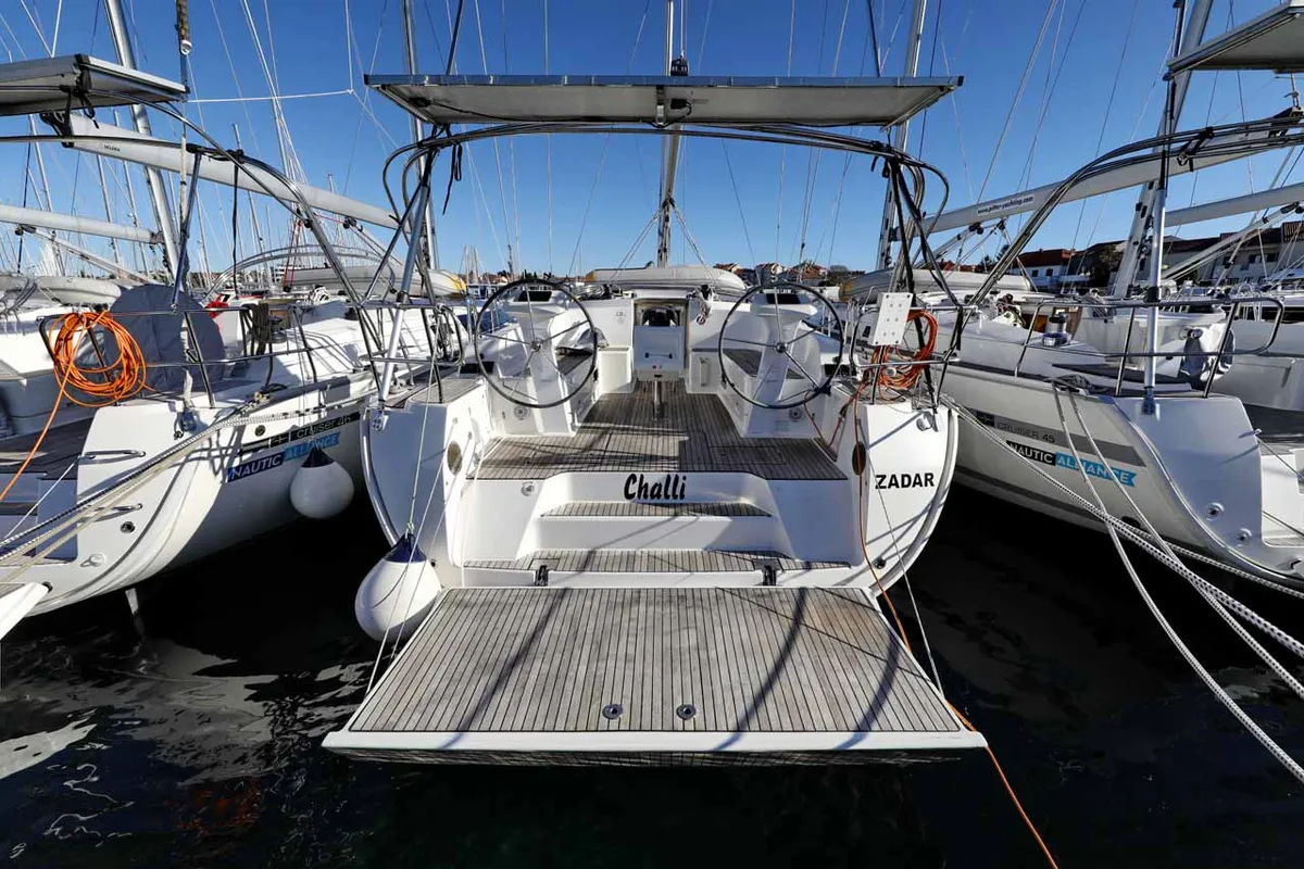 Exterior view of Challi, a Bavaria Cruiser 46 sailboat at Grad Pula, Croatia
