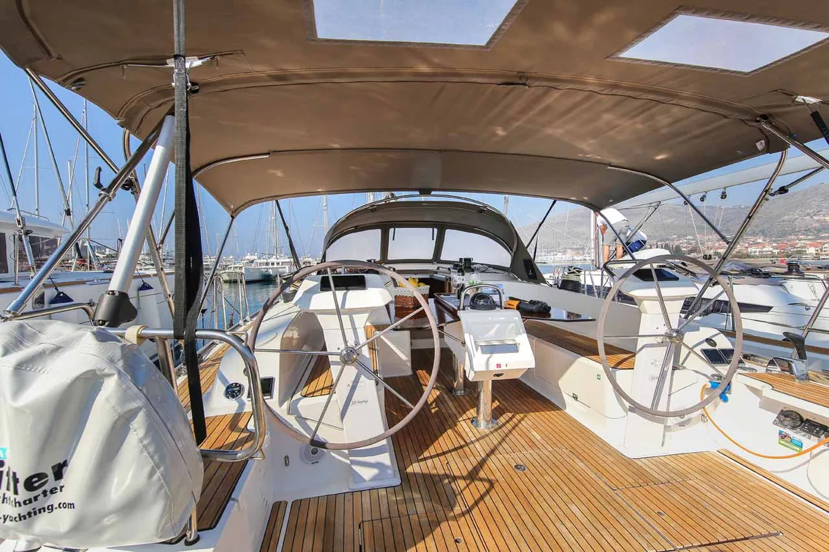 Cockpit of Challi, a Bavaria Cruiser 46 sailboat at Grad Pula, Croatia