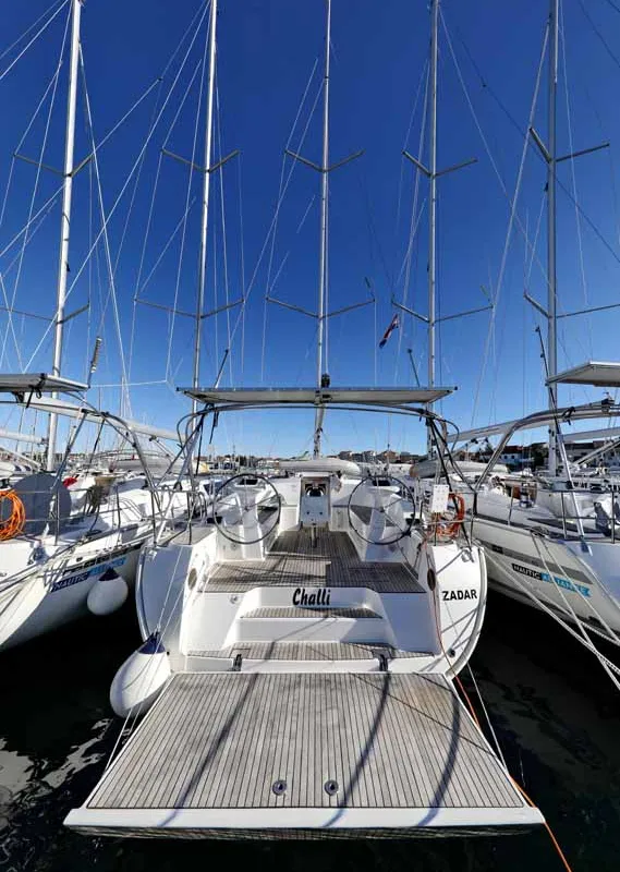 Exterior view of Challi, a Bavaria Cruiser 46 sailboat at Grad Pula, Croatia