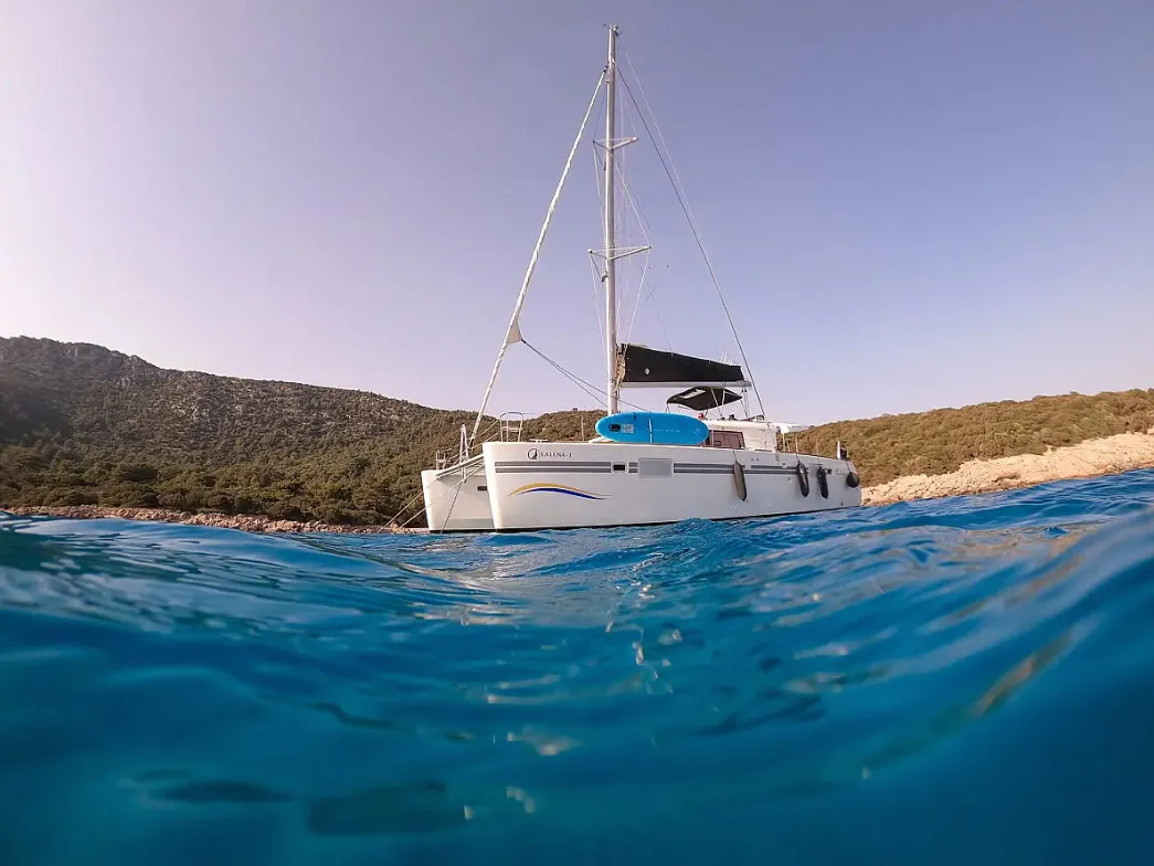 Exterior view of Lagoon 450, a catamaran at Fethiye, Turkey