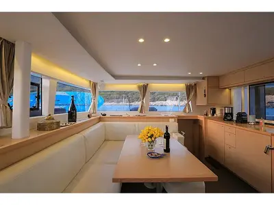 Salon of Lagoon 450, a catamaran at Fethiye, Turkey