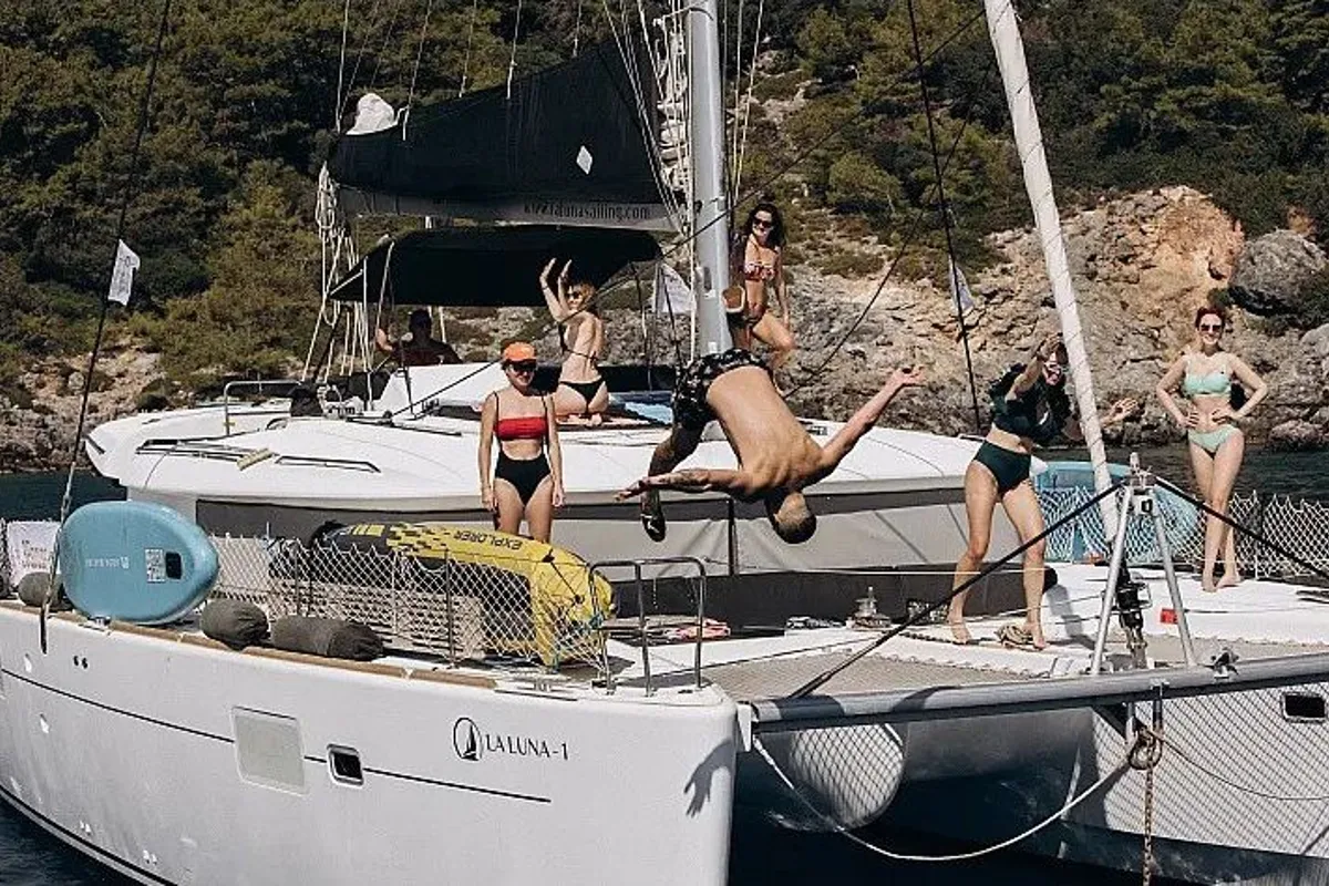 Exterior view of Lagoon 450, a catamaran at Fethiye, Turkey