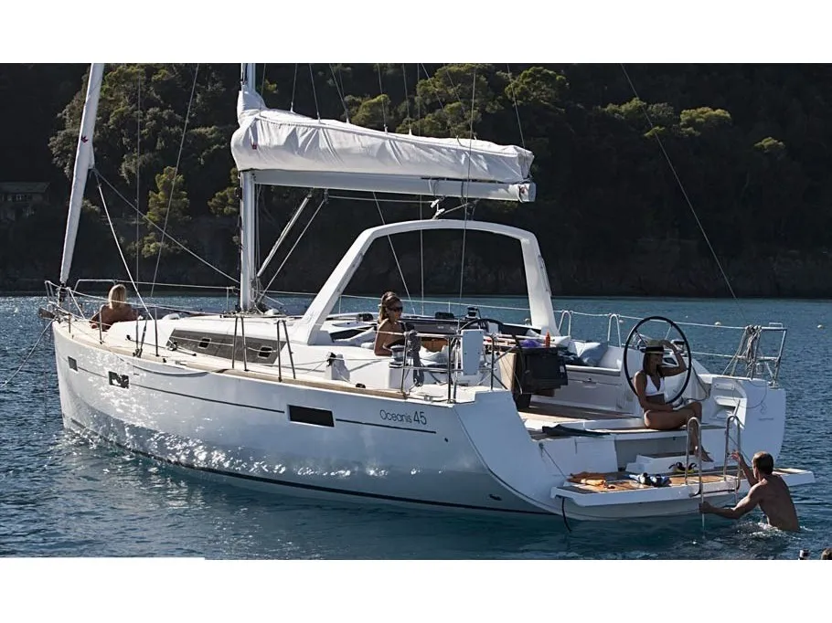 Exterior view of Nausicaa, a Beneteau Oceanis 45 sailboat at Bocca di Magra, Italy