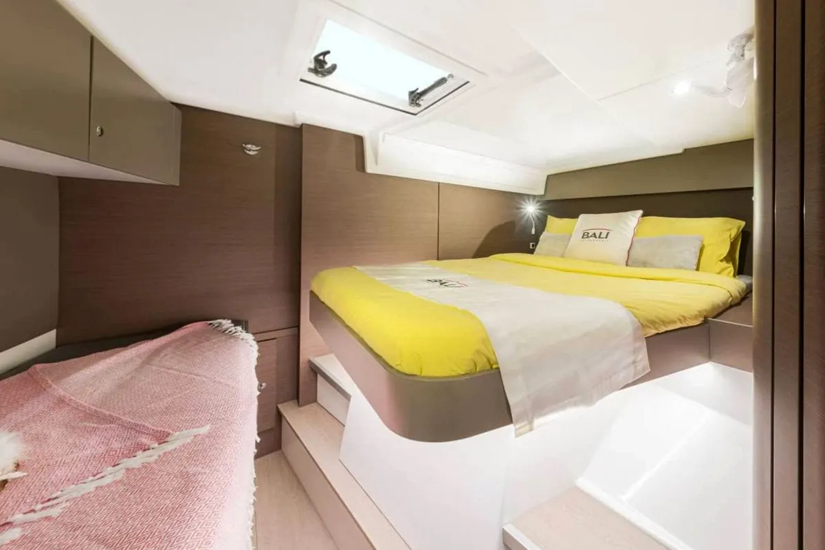 Cabin on Orca, a Bali Catspace catamaran at Lavrion, Greece