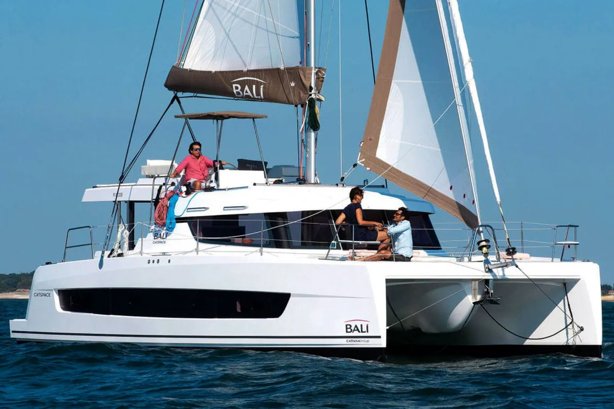 Exterior view of Orca, a Bali Catspace catamaran at Lavrion, Greece