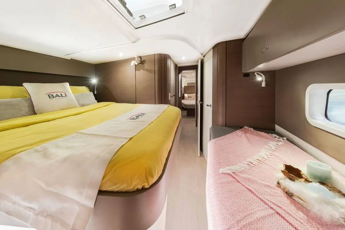 Cabin on Orca, a Bali Catspace catamaran at Lavrion, Greece