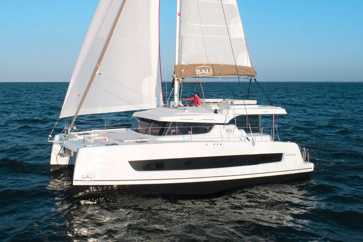 Exterior view of Orca, a Bali Catspace catamaran at Lavrion, Greece