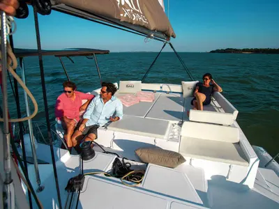Cockpit of Orca, a Bali Catspace catamaran at Lavrion, Greece