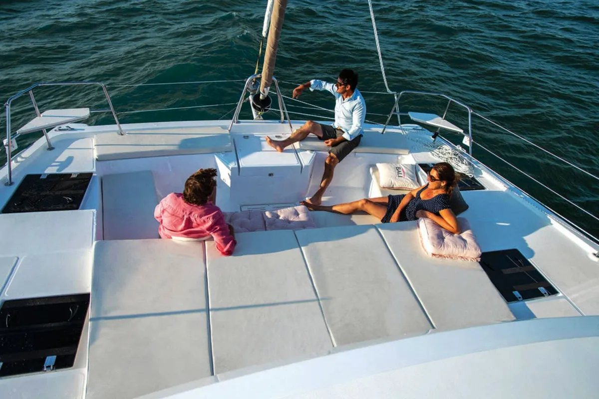 Deck of Orca, a Bali Catspace catamaran at Lavrion, Greece