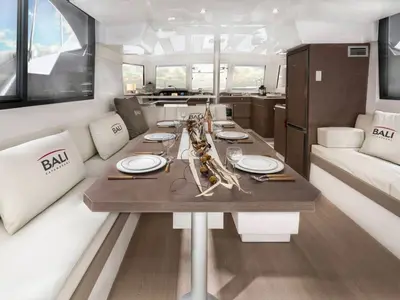 Salon of Orca, a Bali Catspace catamaran at Lavrion, Greece