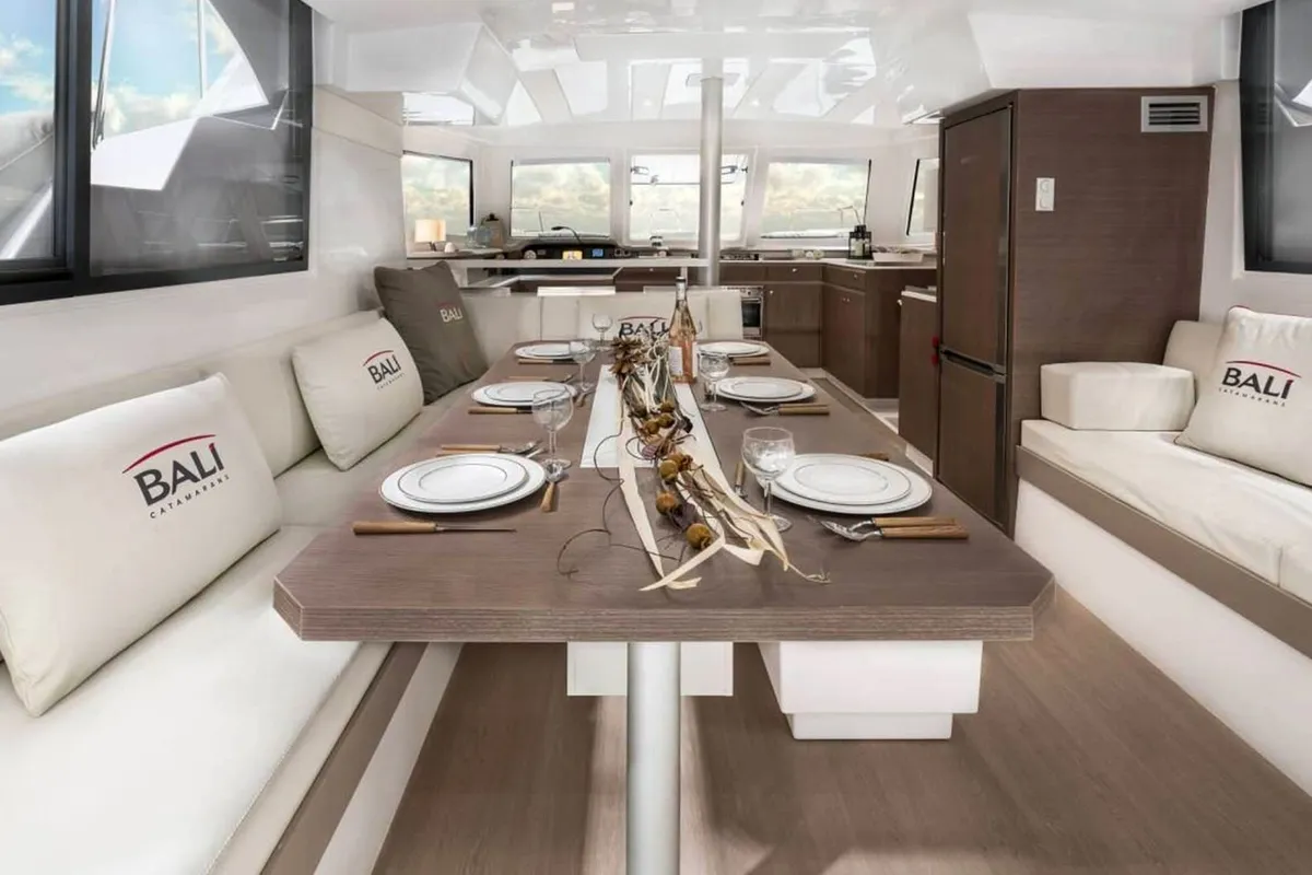 Salon of Orca, a Bali Catspace catamaran at Lavrion, Greece