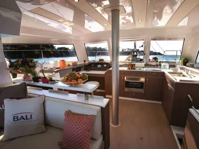 Galley of Orca, a Bali Catspace catamaran at Lavrion, Greece