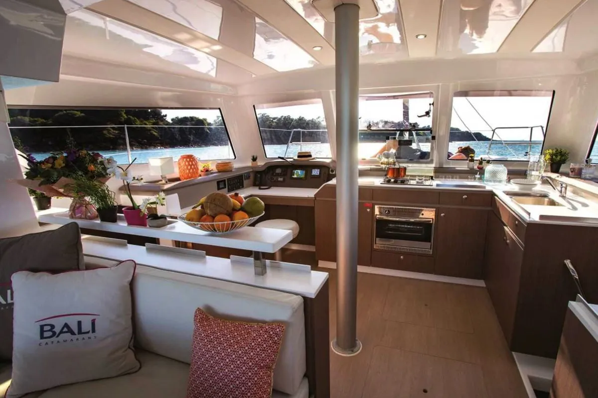 Galley of Orca, a Bali Catspace catamaran at Lavrion, Greece