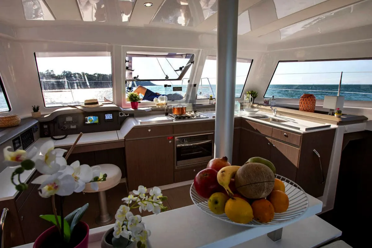 Galley of Orca, a Bali Catspace catamaran at Lavrion, Greece