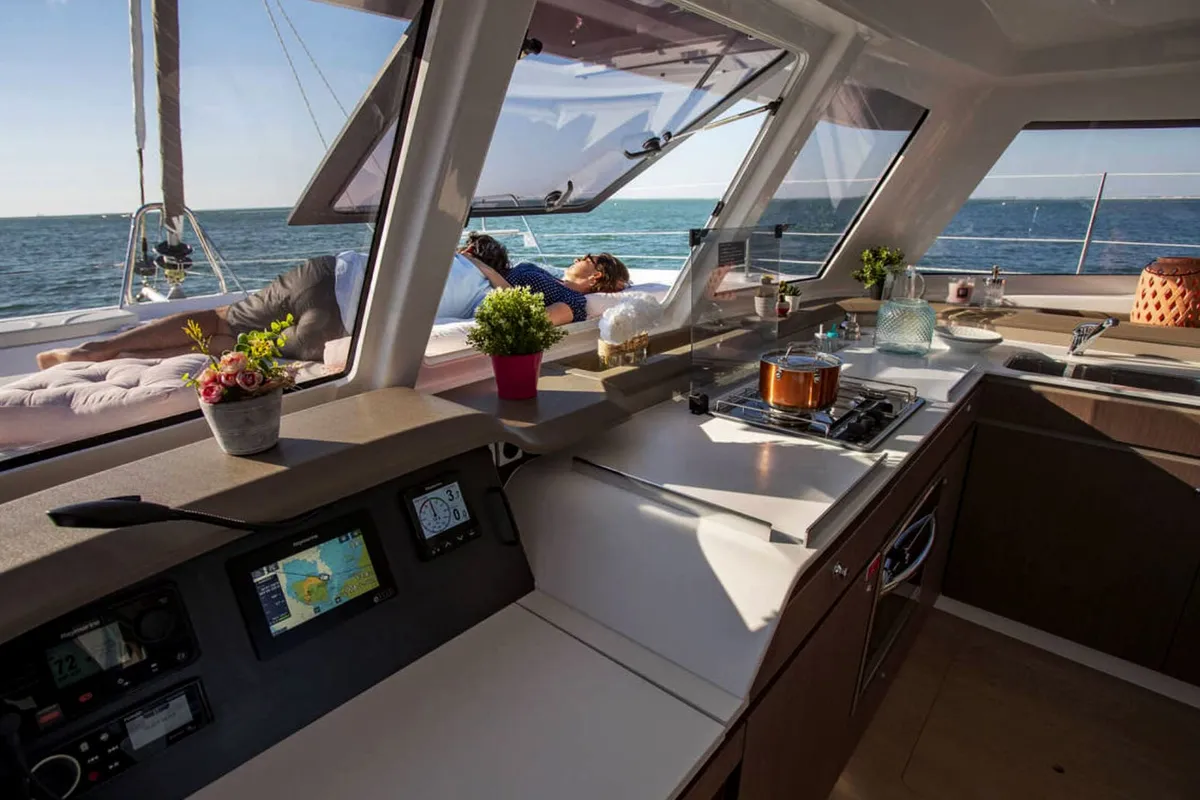 Cockpit of Orca, a Bali Catspace catamaran at Lavrion, Greece