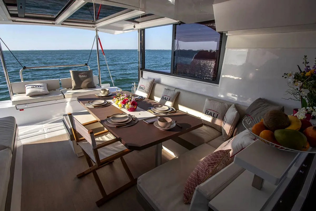 Deck of Orca, a Bali Catspace catamaran at Lavrion, Greece
