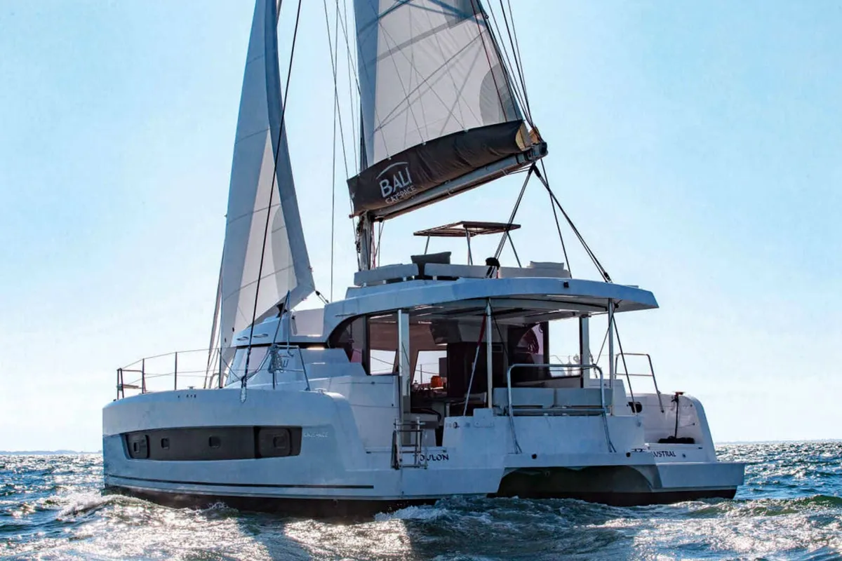 Exterior view of Orca, a Bali Catspace catamaran at Lavrion, Greece