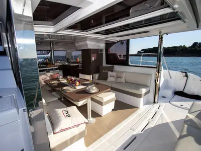 Deck of Orca, a Bali Catspace catamaran at Lavrion, Greece