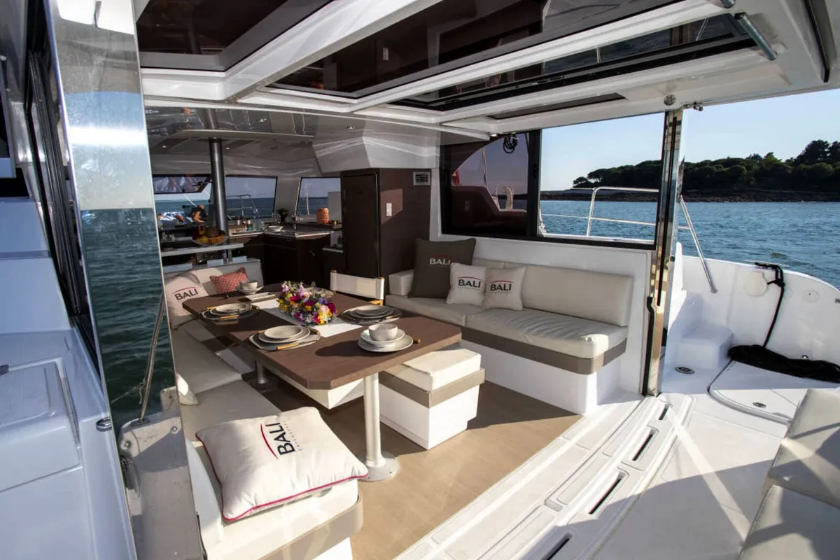 Deck of Orca, a Bali Catspace catamaran at Lavrion, Greece