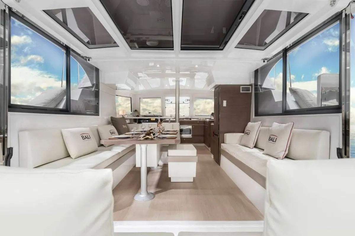 Salon of Orca, a Bali Catspace catamaran at Lavrion, Greece