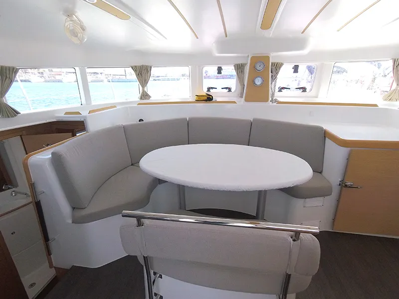 Salon of My Elisabeth, a Lagoon 380 catamaran at Rhodes, Greece