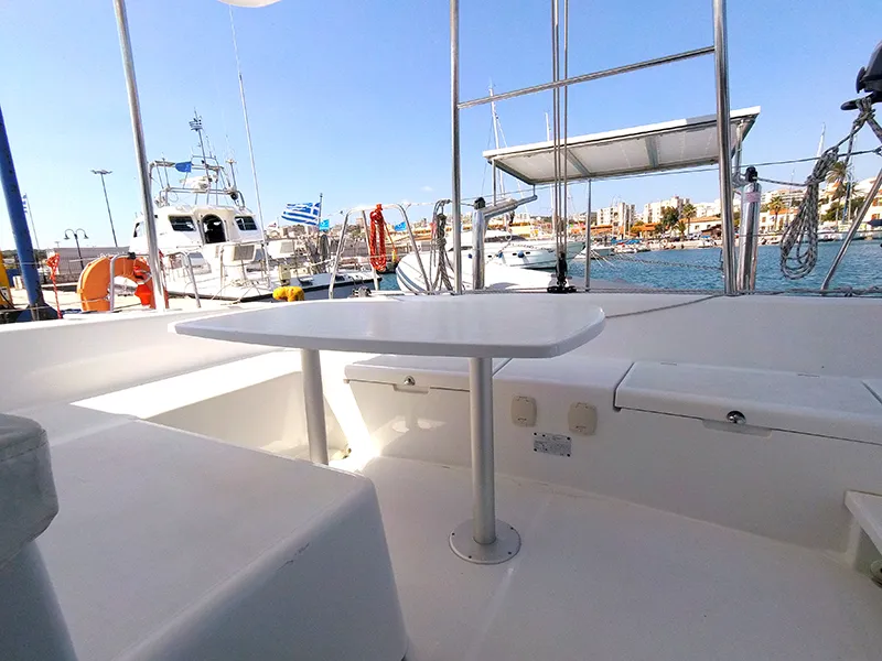 Deck of My Elisabeth, a Lagoon 380 catamaran at Rhodes, Greece