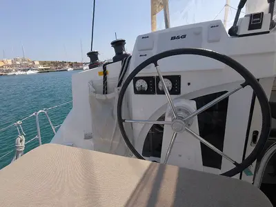 Cockpit of My Elisabeth, a Lagoon 380 catamaran at Rhodes, Greece