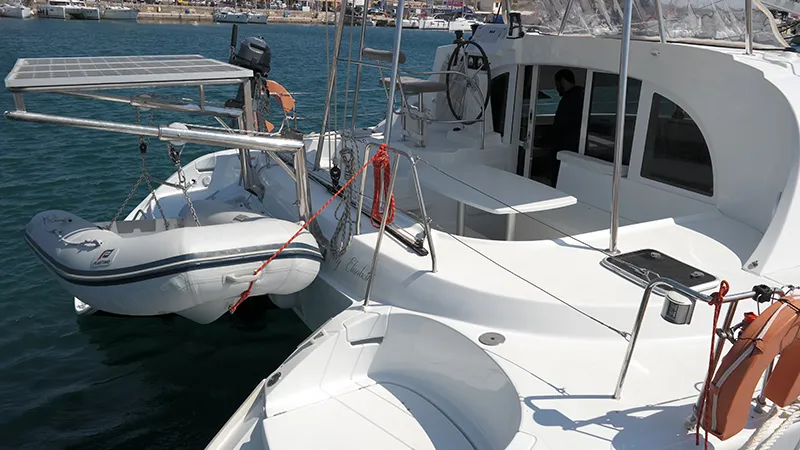 Exterior view of My Elisabeth, a Lagoon 380 catamaran at Rhodes, Greece