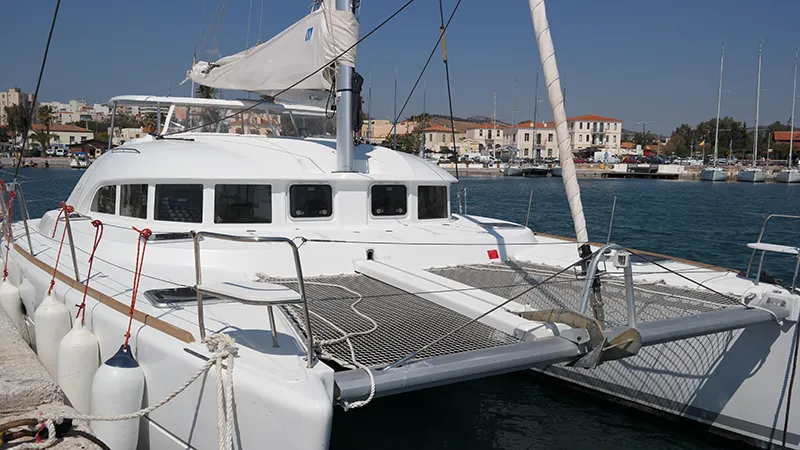 Exterior view of My Elisabeth, a Lagoon 380 catamaran at Rhodes, Greece