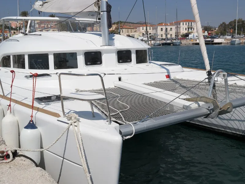 Exterior view of My Elisabeth, a Lagoon 380 catamaran at Rhodes, Greece
