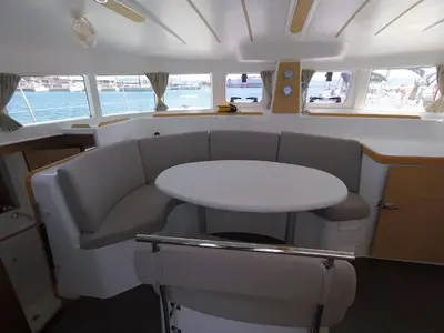 Salon of My Elisabeth, a Lagoon 380 catamaran at Rhodes, Greece