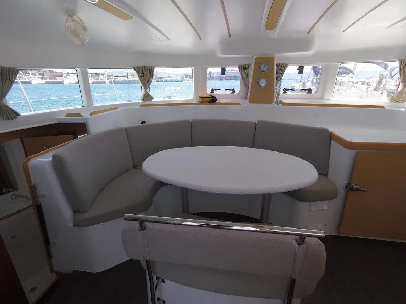 Salon of My Elisabeth, a Lagoon 380 catamaran at Rhodes, Greece